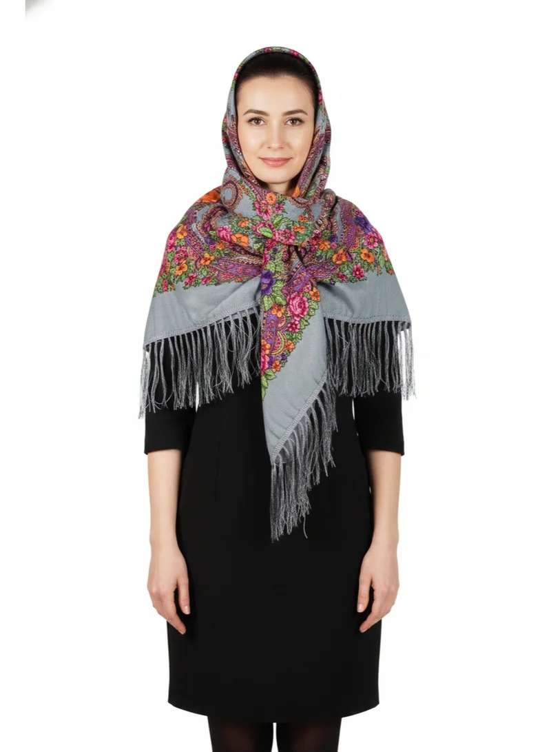 بيداني شال صوف رمادي مزخرف بتصميم بيزلي ذهبي